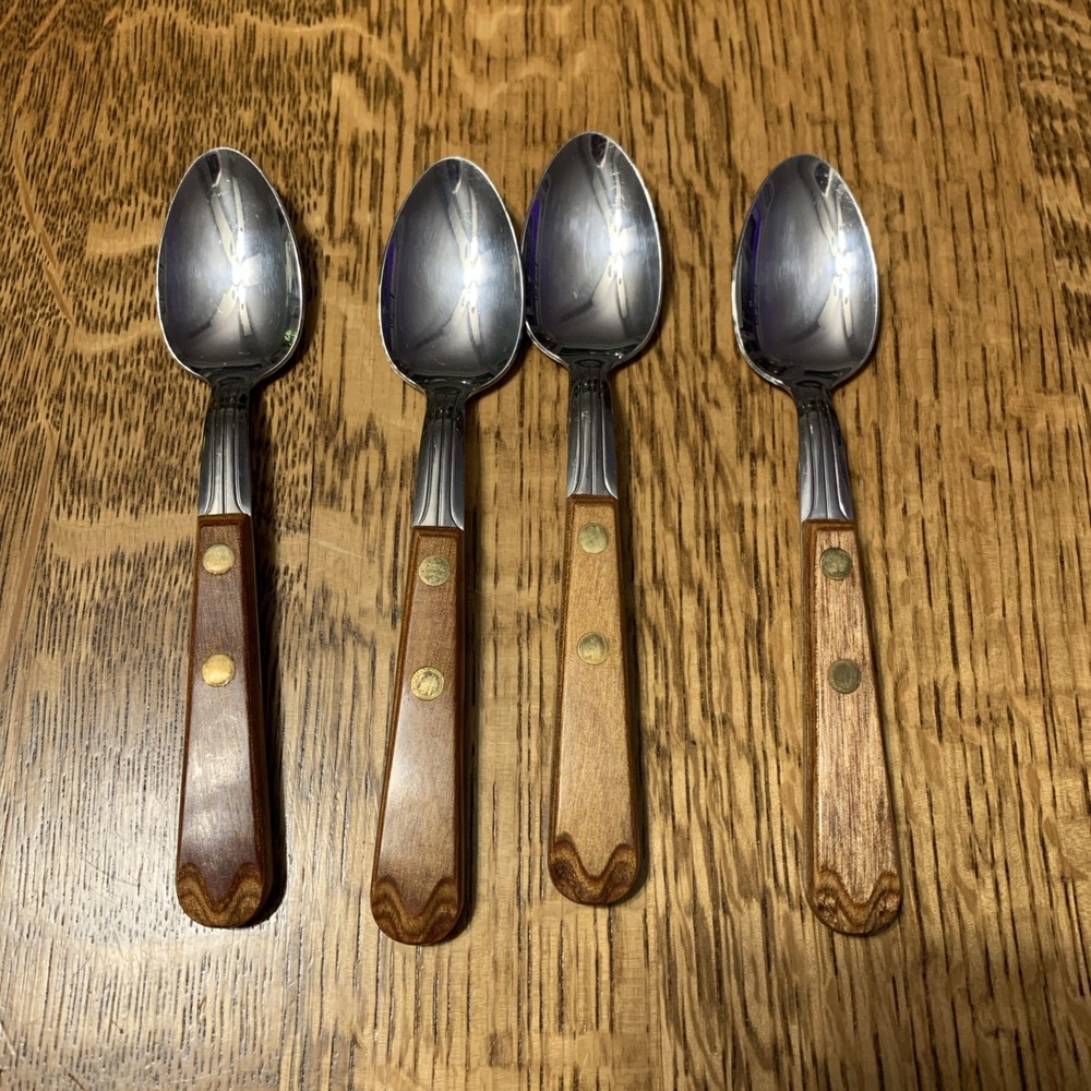 Set of 4 Teaspoons MCM Tableware Set /Wood Handles Stainless Usa